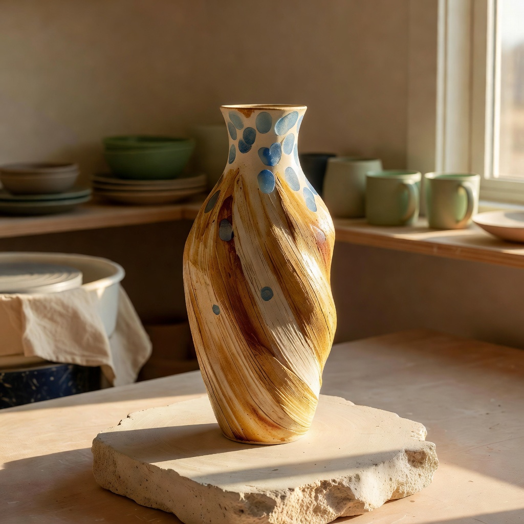 Breakwater Vase — tall sculptural vessel with brushed sand-and-umber slip and sea-glass blue fingerprint marks at the rim, in golden window light
