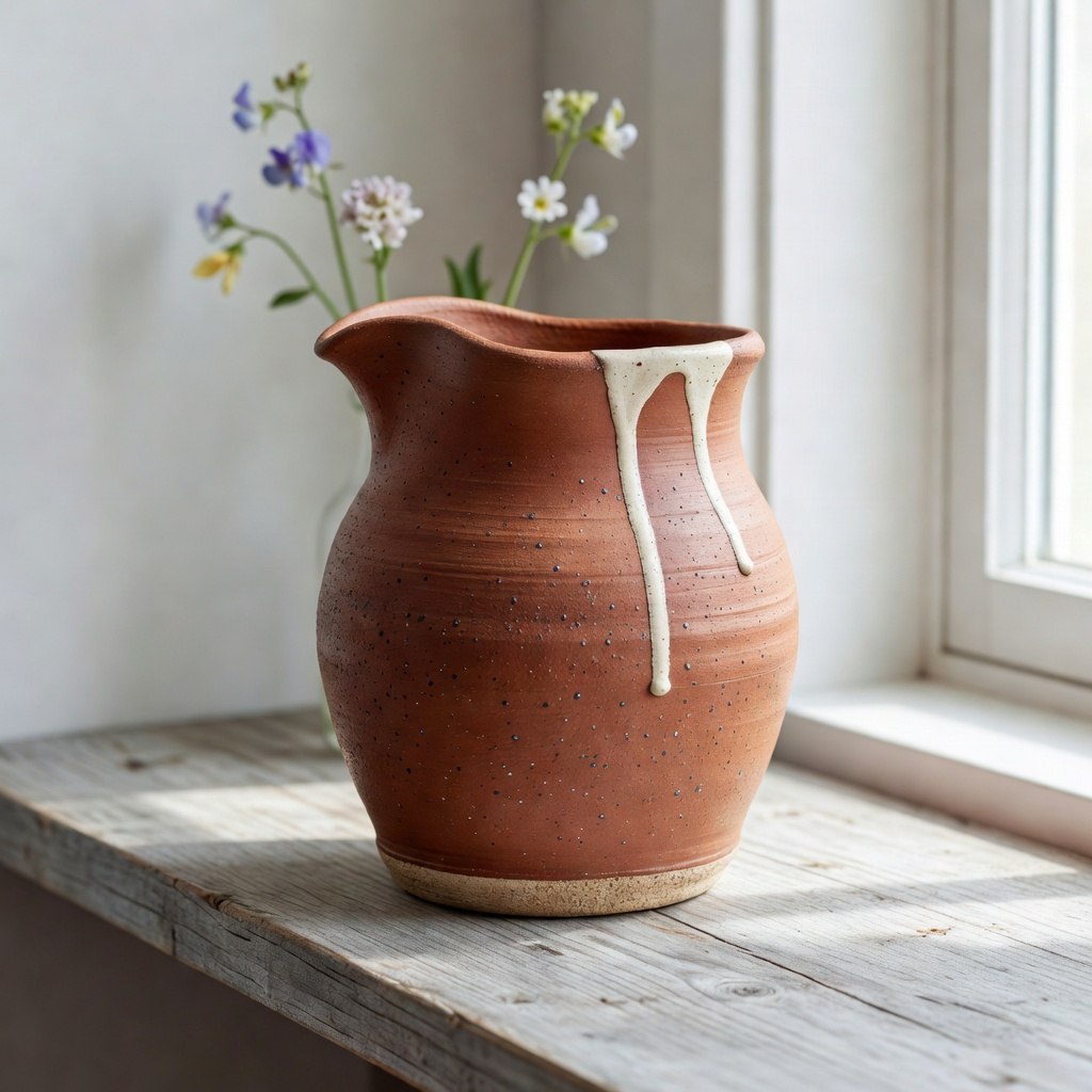 Cliffside Pourer — terracotta pitcher with pinched lip, sanded foot ring, and cream slip drips, with wildflower stems behind