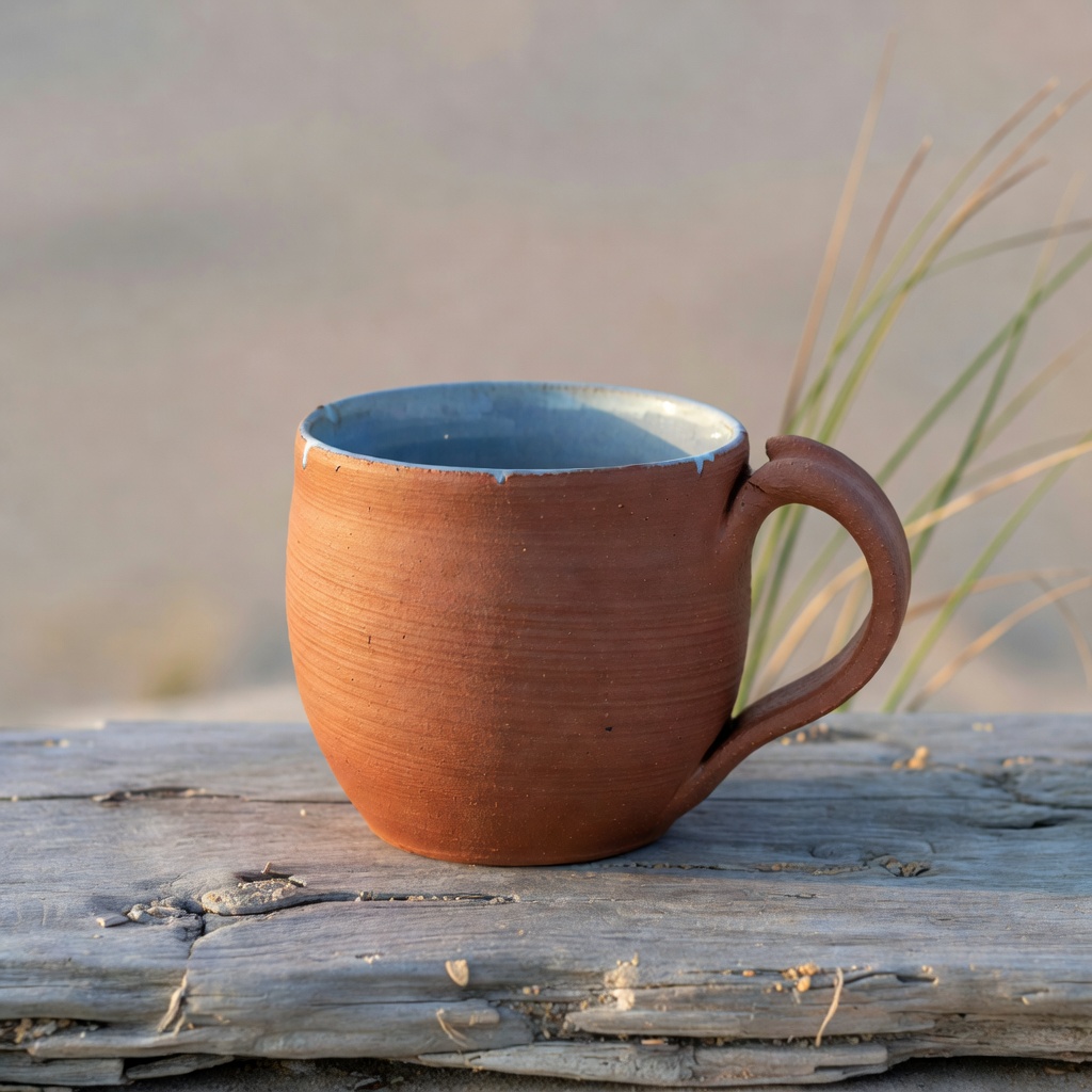 Harbor Mug — wheel-thrown terracotta mug with thumb-rest handle and satin fog-blue interior, on weathered driftwood