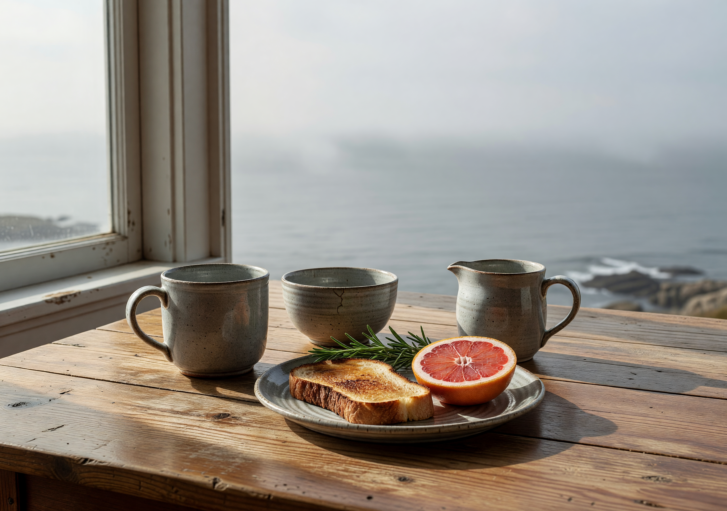 Harbor Breakfast Set — hand-thrown ceramic mug, two small bowls, side plate, and creamer in matching gull-grey slip on a pine kitchen table by a coastal Maine window