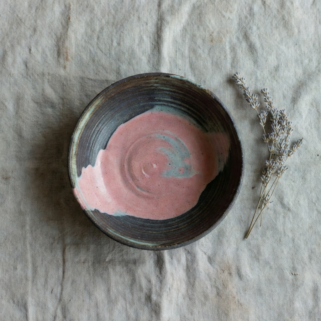 Tidepool Bowl — low serving bowl with shell-pink wash over dark stoneware, tide-marked rim, on linen with dried sea lavender